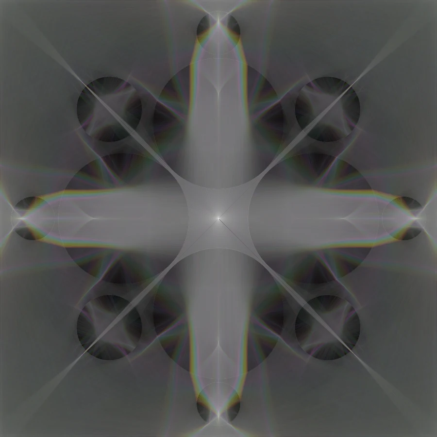Symmetric scene of twelve glass circles lit by a point source at the centre, with rainbow fringes along the refracted beams